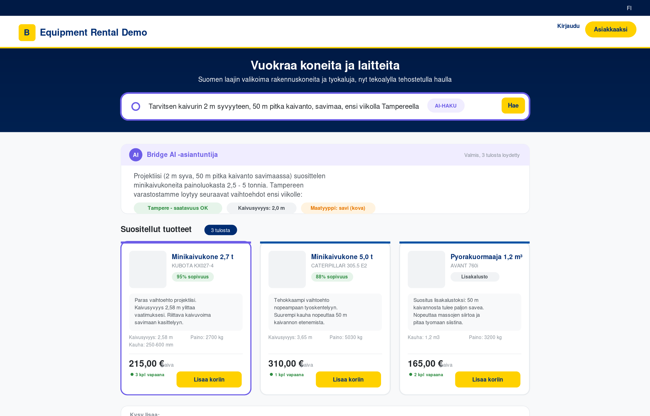 Bridge AI assistant demo for a Finnish equipment-rental site, showing a natural-language excavator search matched to three ranked product recommendations with depot availability
