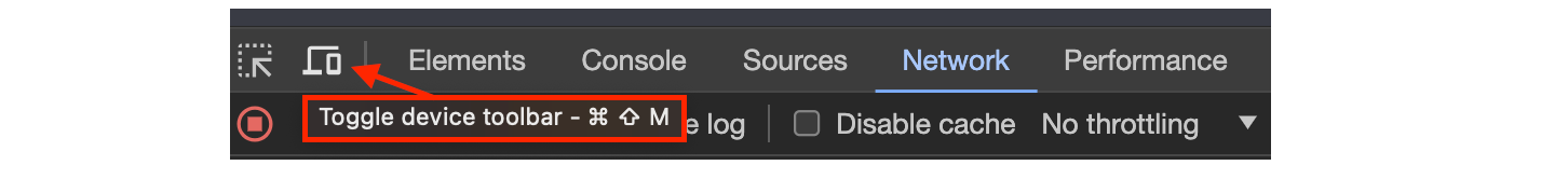 A screen capture presenting a device toolbar in the Network tab